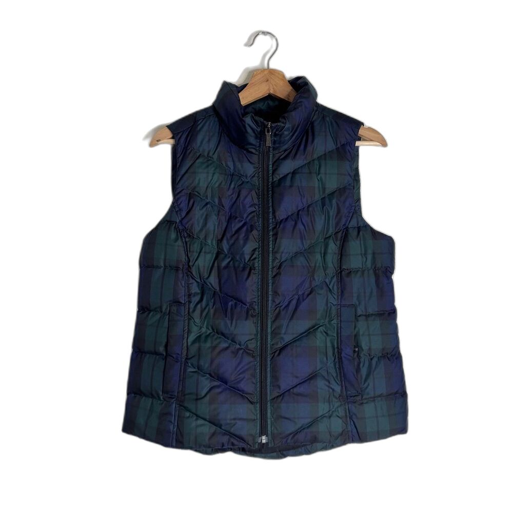 Lands' End Vest Womens Small 6-8 Blue Green Plaid Down Puffer Quilted Zip Jacket